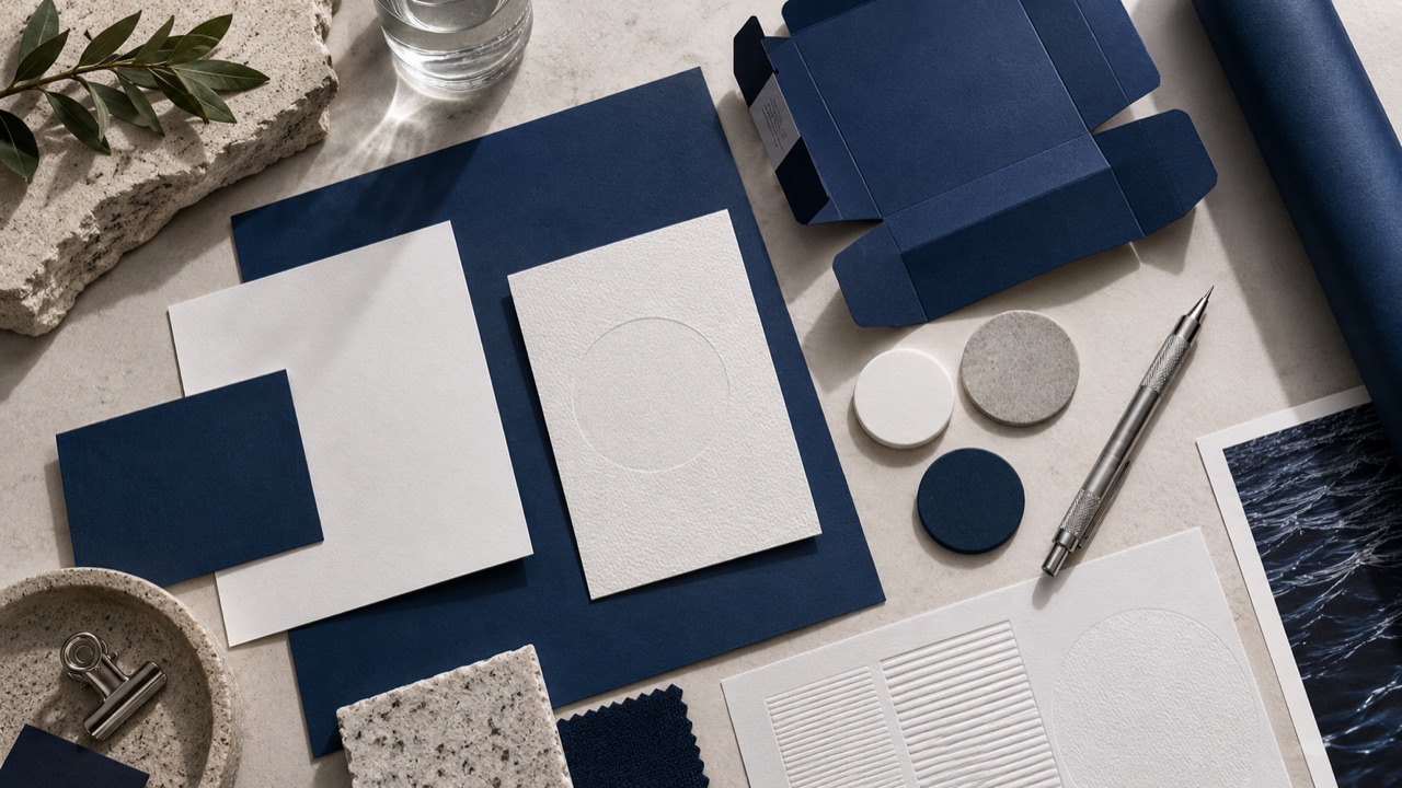 Illustrative brand-design materials, stationery and packaging studies.