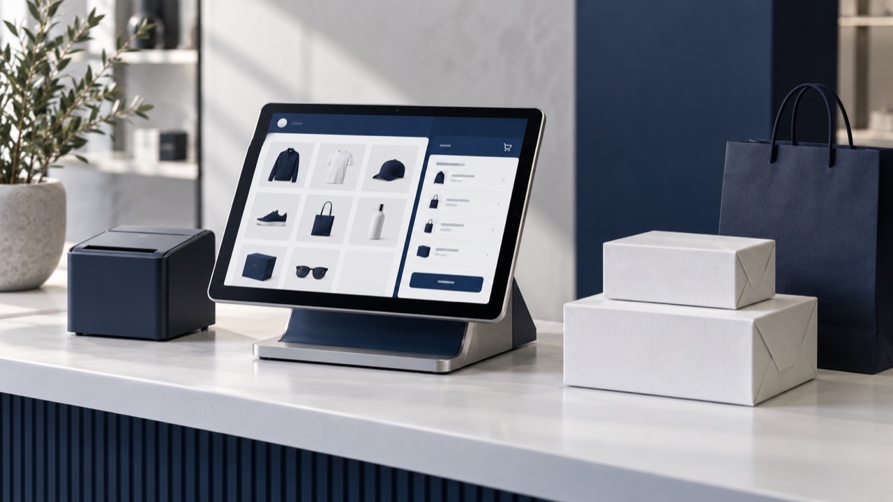 Illustrative point-of-sale terminal and retail packaging.
