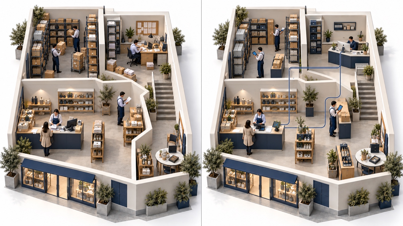 Illustration of scattered paperwork, disconnected devices and manual order handoffs.